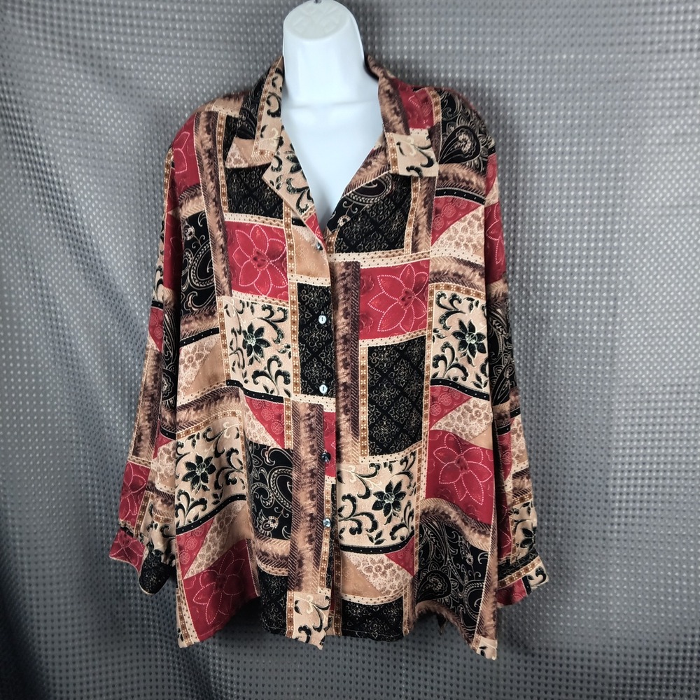 Allison Daley Womens 24W Red Black Patchwork Paisley Button Front Blouse Top